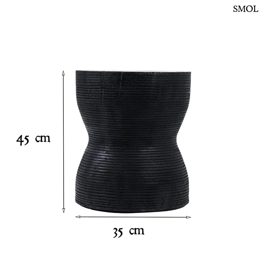 Kotoran fekete suar fa lerakóasztal és ülőke homokóra formájú, faragott textúrával, méretekkel