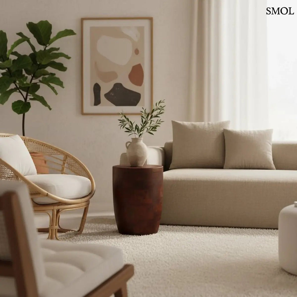 Tömör mangófa lerakóasztal és modern ülőke kézműves kidolgozással, sötétbarna tónusban, kanapé előtt