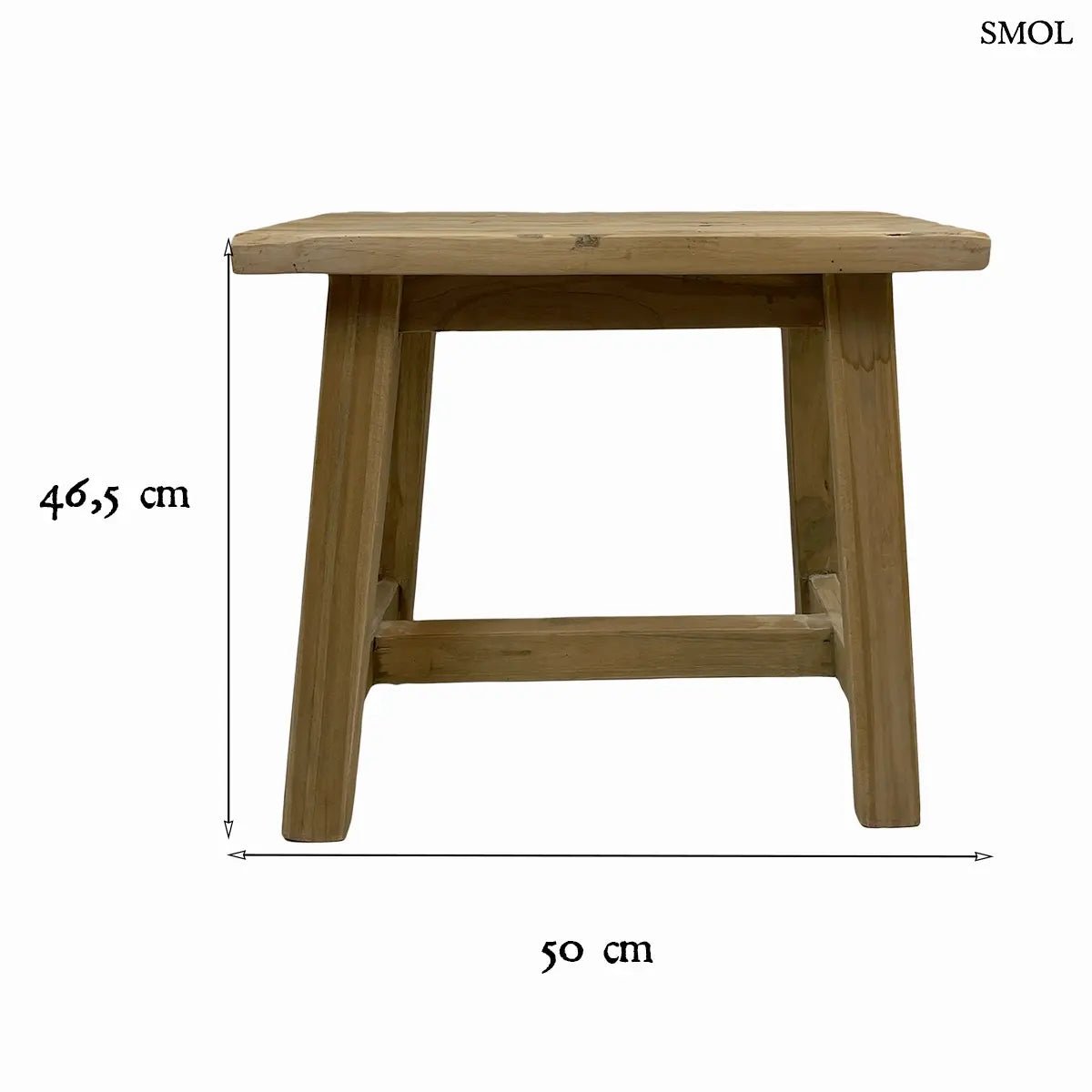 Rusztikus stílusú, kézzel készített tömör teakfa kisasztal természetes barna színben és egyedi erezettel, méretekkel