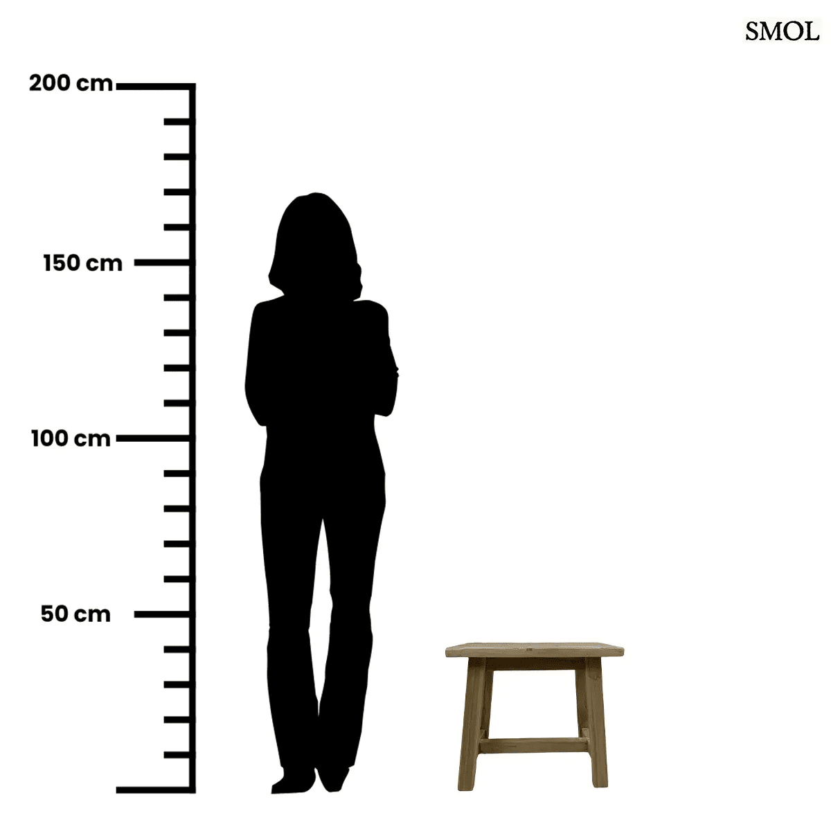 Rusztikus stílusú, kézzel készített tömör teakfa kisasztal természetes barna színben és egyedi erezettel, méretarányosan