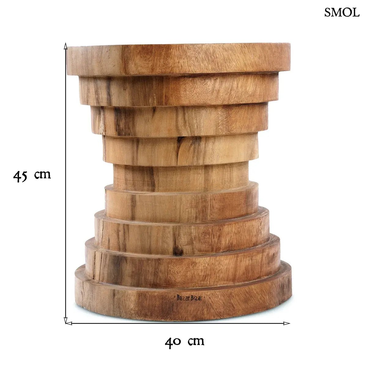 Lépcsőzetes kialakítású natúr suar fa lerakóasztal és ülőke, méretekkel