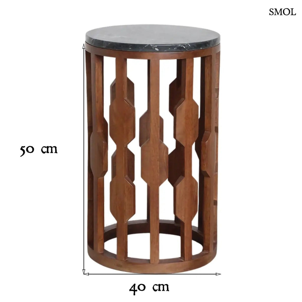 Fekete márványlapos lerakóasztal antik barna mangófa vázzal, henger alakú kisasztal modern és japandi stílusban, méretekkel