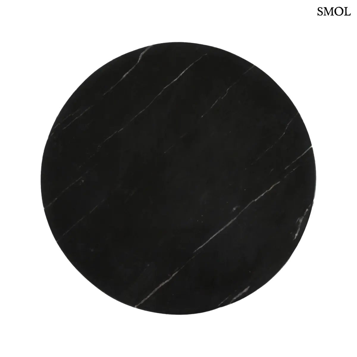 Kerek lerakóasztal fekete márvány asztallappal és függőlegesen barázdált, természetes barna mangófa talppal, asztallap nagyítva