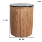 Kerek lerakóasztal fekete márvány asztallappal és függőlegesen barázdált, természetes barna mangófa talppal,méretekkel