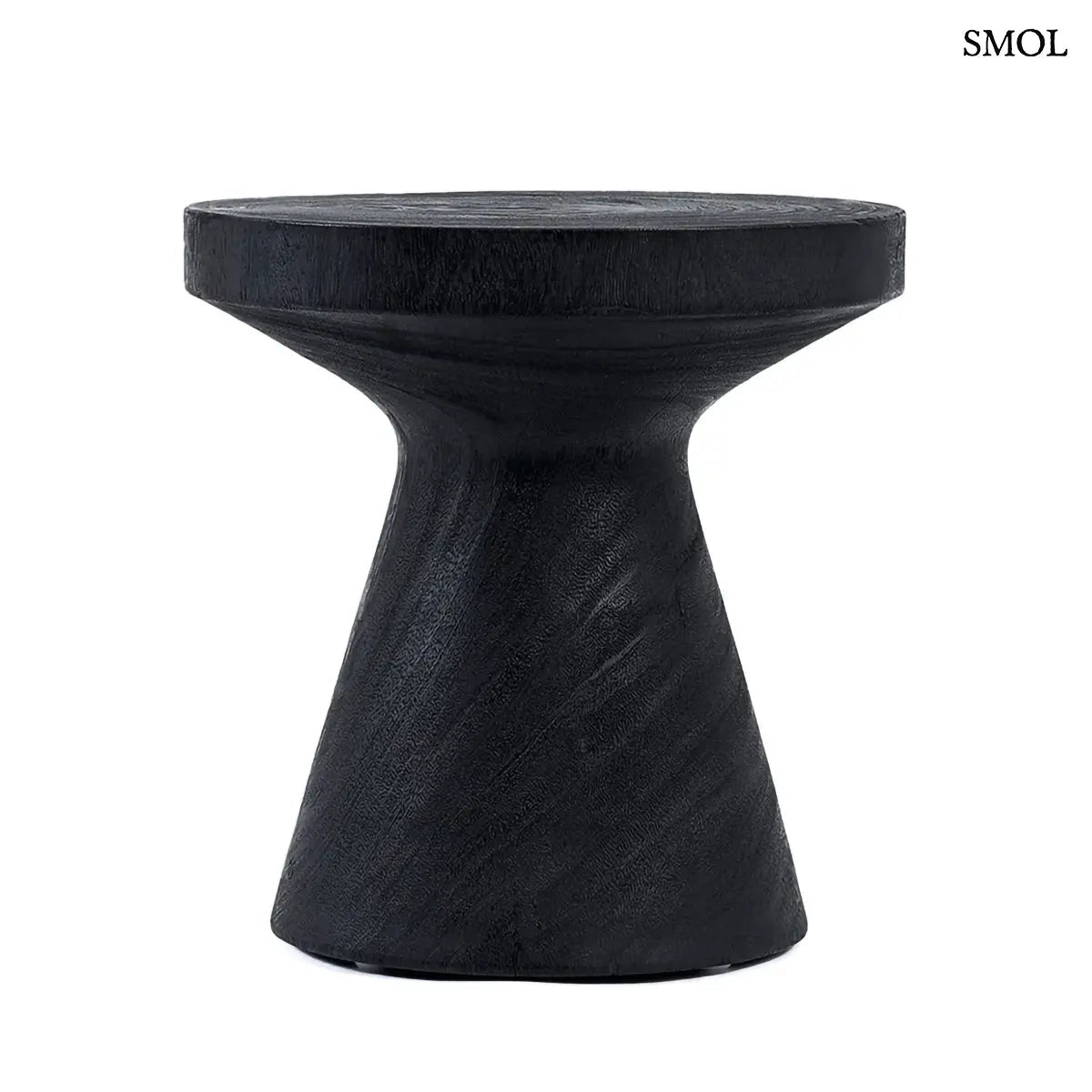 Modern, homokóra alakú fekete suar fa lerakóasztal minimalista stílusban, fehér háttérrel