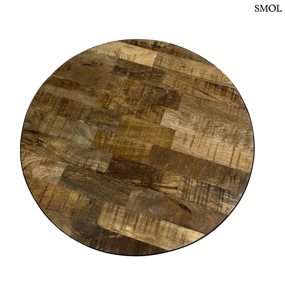 Kerek BARI lerakóasztal természetes mangófa asztallappal és három vékony fekete fém lábbal, felülről