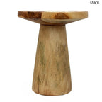 Kézzel faragott, kúpos formájú natúr suar fa lerakóasztal bohém stílusban, egyedi faerezettel, oldalról