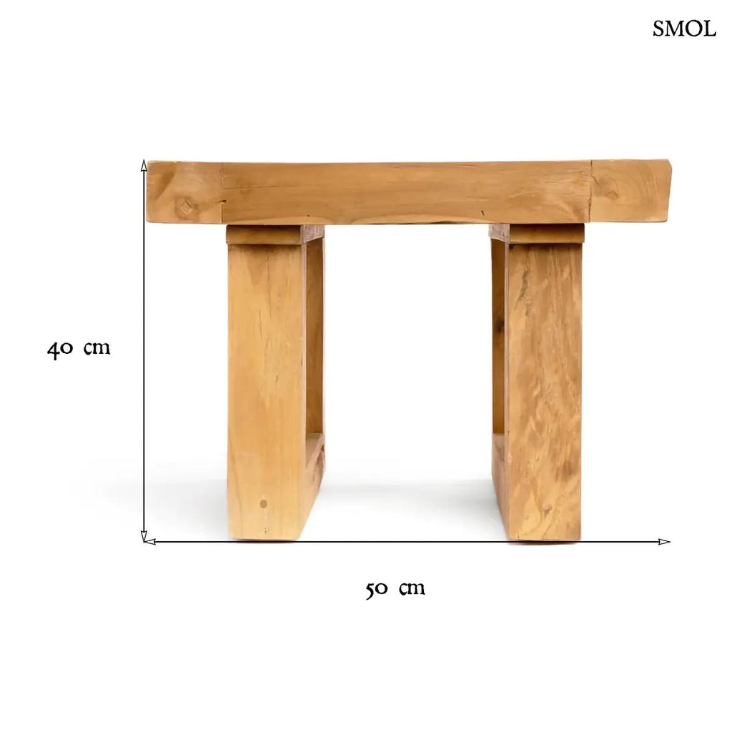 Rusztikus, kézzel készült lerakóasztal tömör teakfából, egyedi fa erezettel és természetes natúr színben, méretekkel