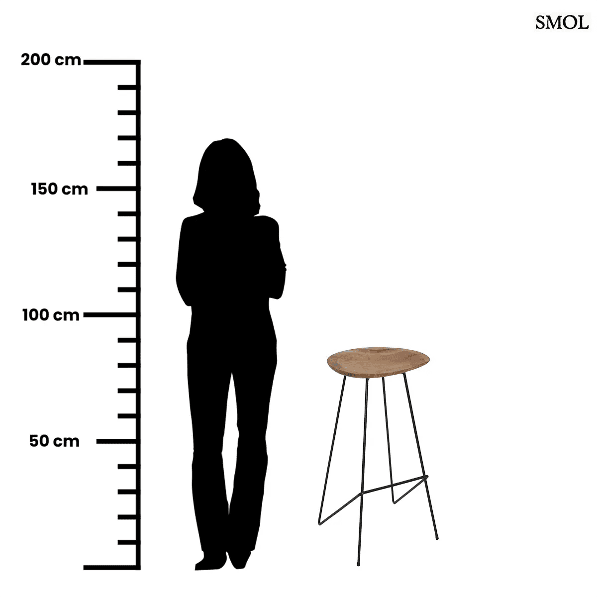 Loft bárszék természetes teakfa ülőfelülettel és fekete fém lábakkal, méretarányosan