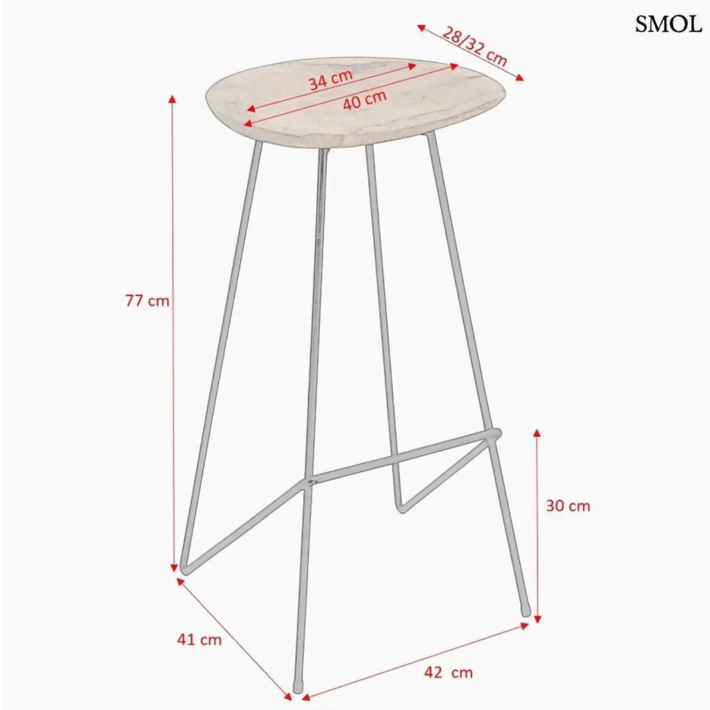 Loft bárszék természetes teakfa ülőfelülettel és fekete fém lábakkal, méretekkel