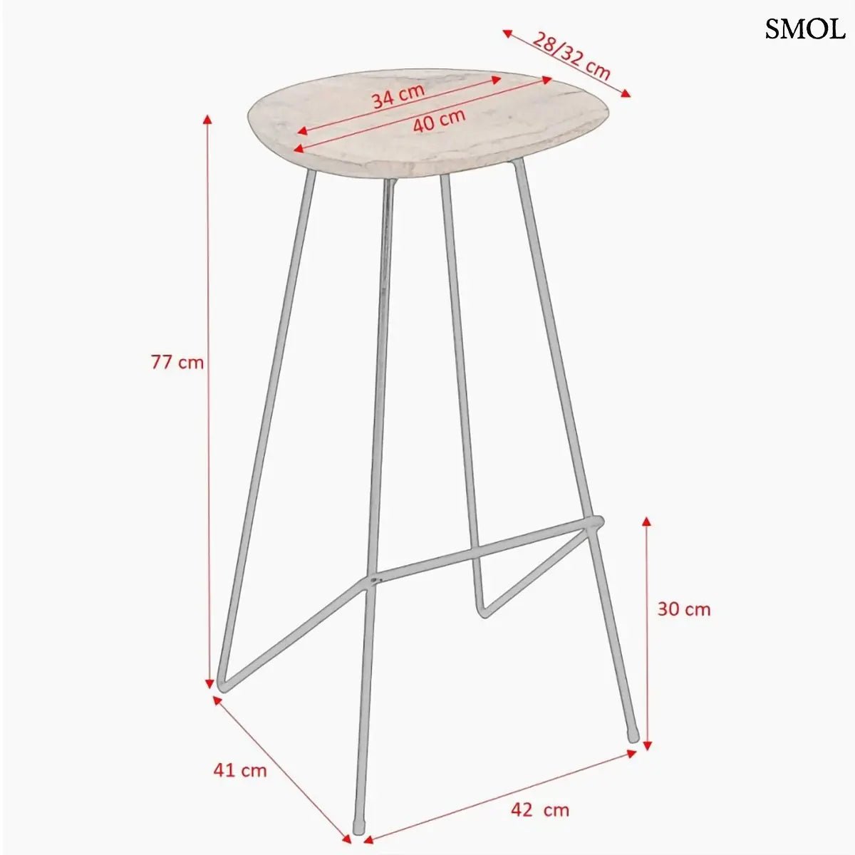 Loft bárszék természetes teakfa ülőfelülettel és fekete fém lábakkal, méretekkel