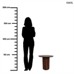 Barna mangófa lerakóasztal bordázott, henger alakú talppal és sima, kerek asztallappal, méretarányosan