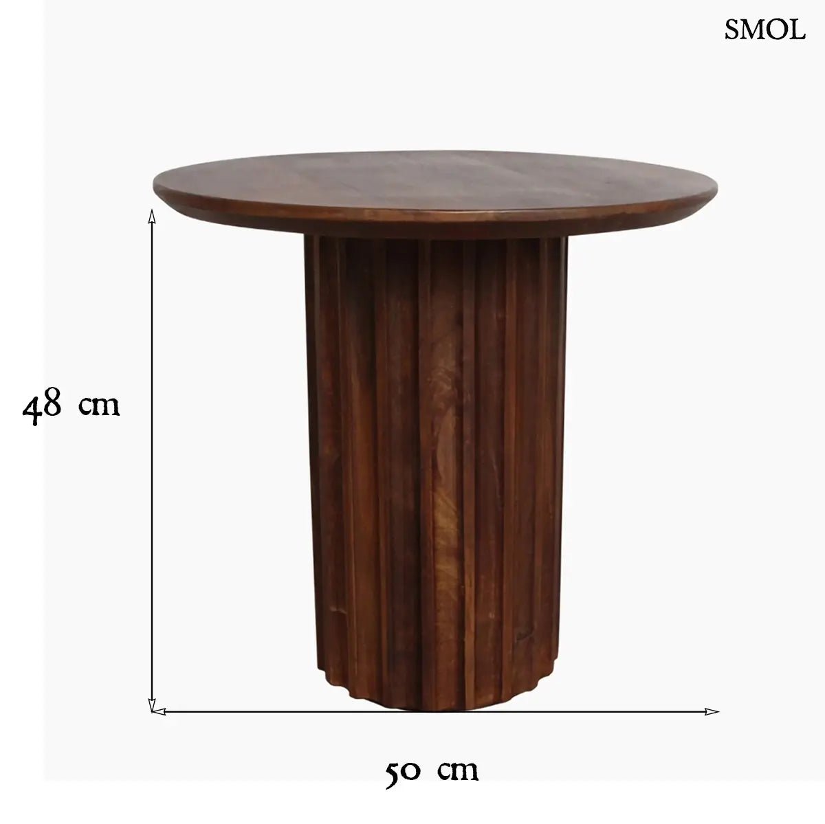 Barna mangófa lerakóasztal bordázott, henger alakú talppal és sima, kerek asztallappal, méretekkel