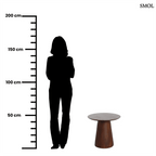 Modern, sötétbarna tömör mangófa lerakóasztal robusztus kúp alakú talppal és kerek asztallappal, méretarányosan