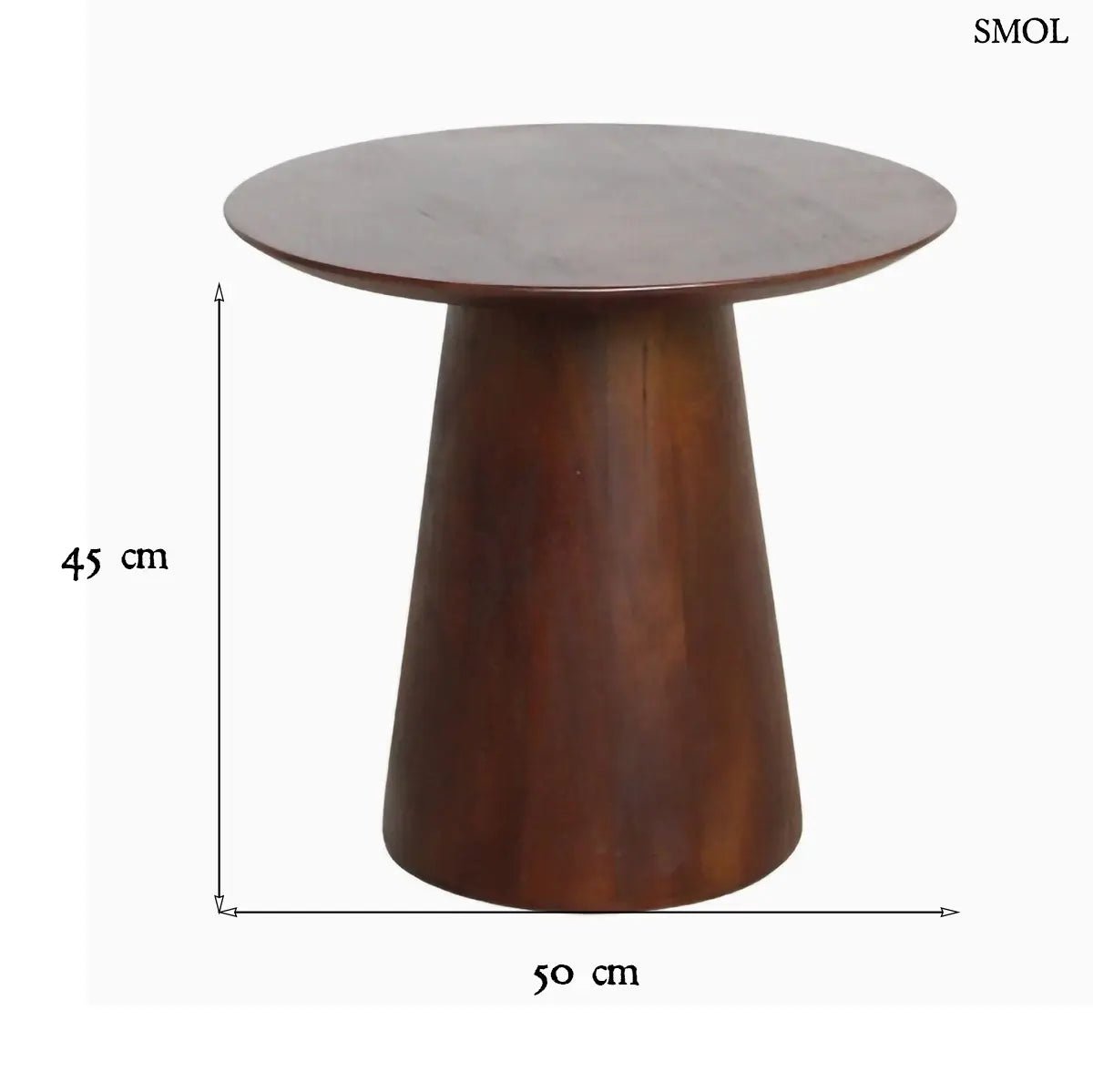 Modern, sötétbarna tömör mangófa lerakóasztal robusztus kúp alakú talppal és kerek asztallappal, méretekkel