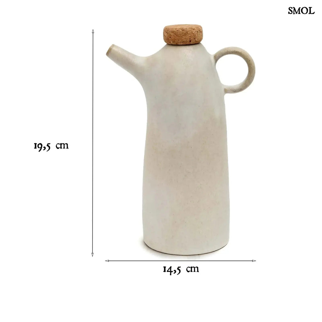 Kézműves fehér kerámia olívaolaj-kiöntő palack parafa dugóval, cseppmentes kiöntőcsőrrel, méretekkel