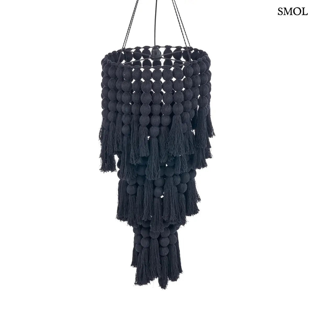 Fekete XL méretű pamut csillár kézzel szőtt bojtos díszítéssel és többszintes kialakítással, elfordítva