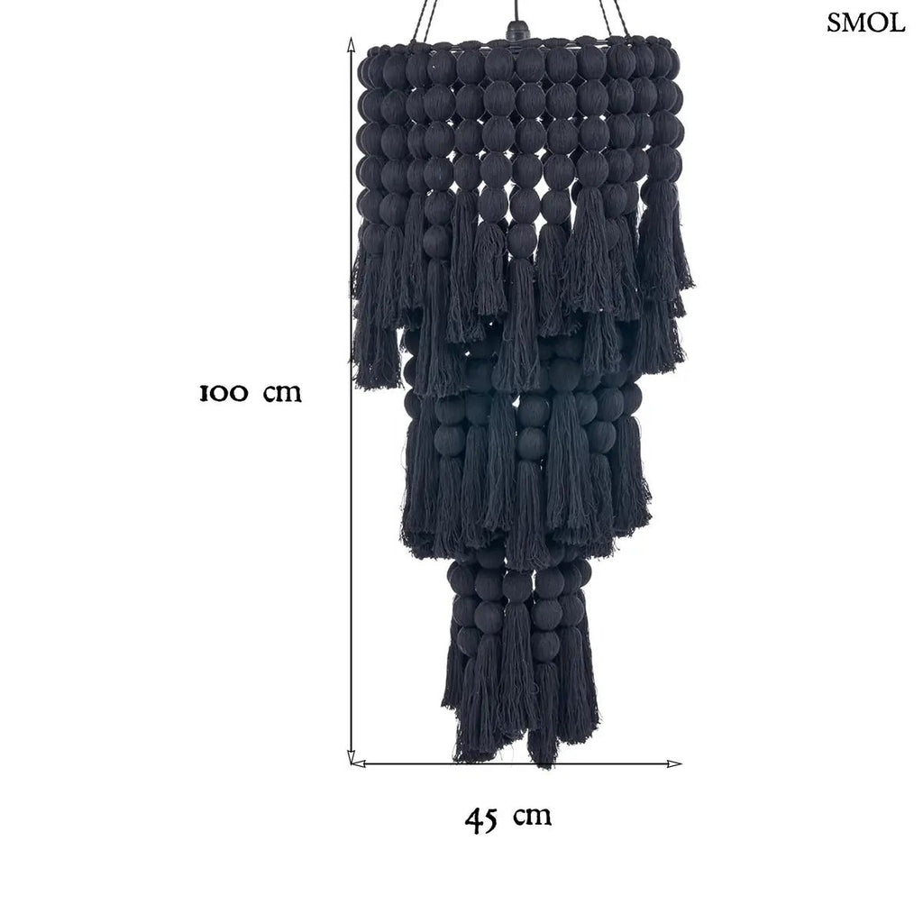 Fekete XL méretű pamut csillár kézzel szőtt bojtos díszítéssel és többszintes kialakítással, méretekkel