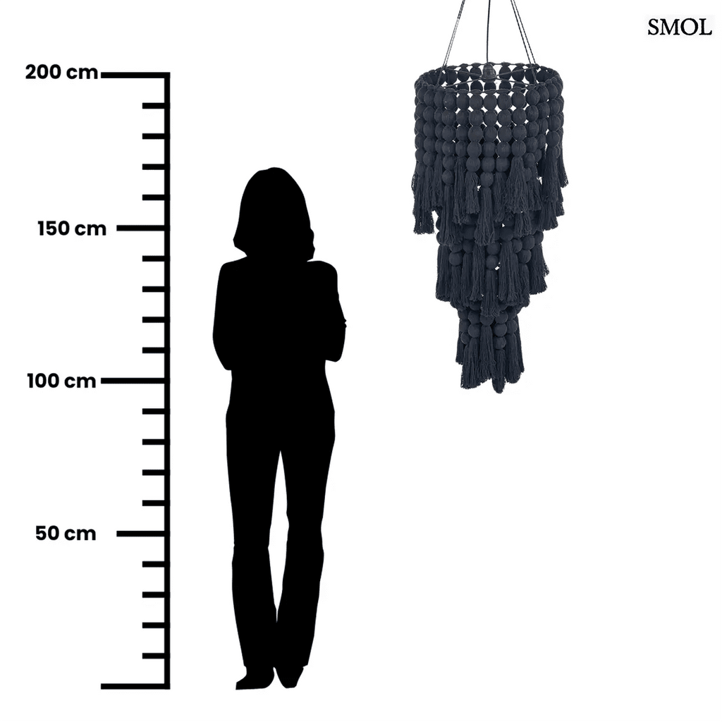 Fekete XL méretű pamut csillár kézzel szőtt bojtos díszítéssel és többszintes kialakítással, méretarányosan