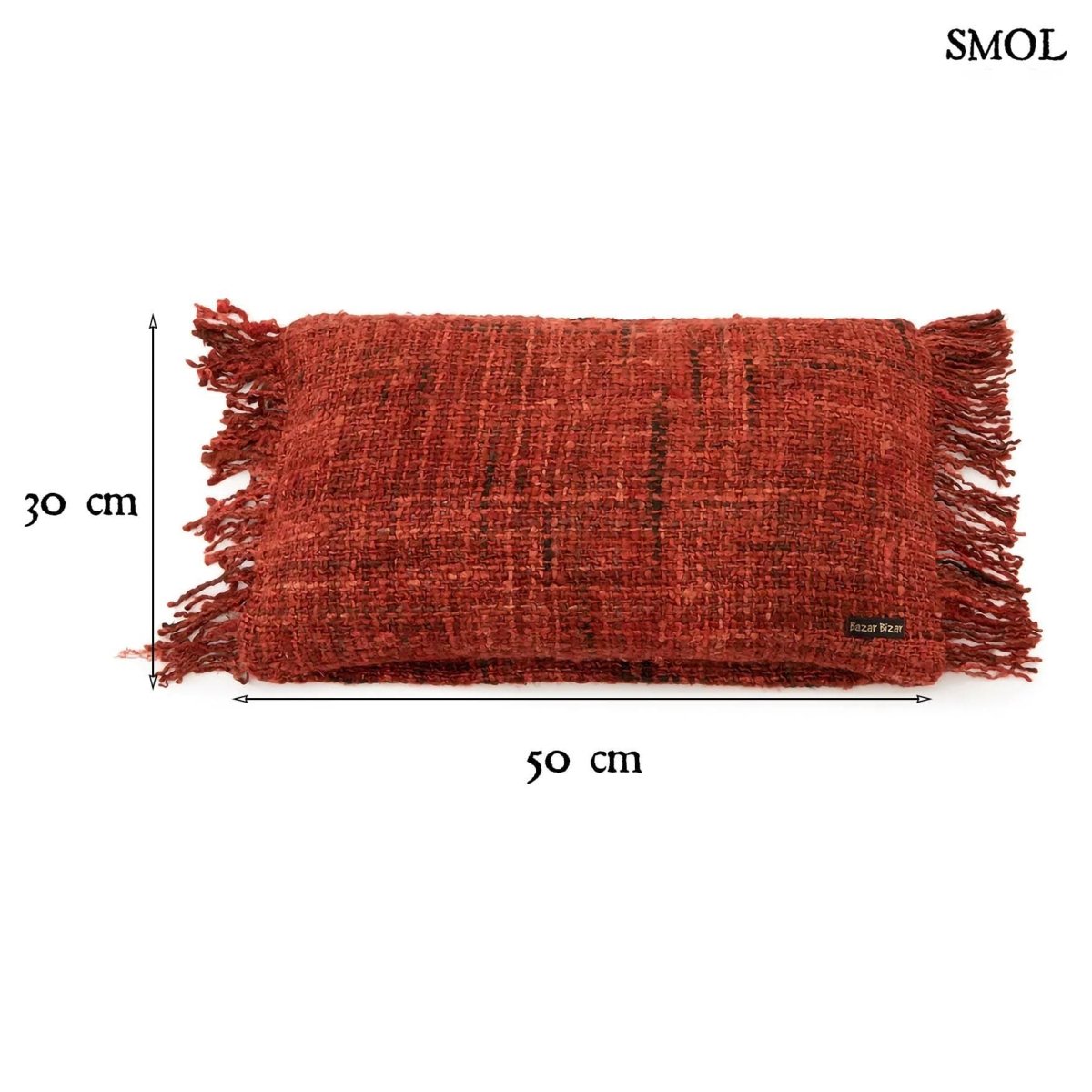 Bohém stílusú, cseresznyepiros párnahuzat rojtos szegéllyel méretekkel