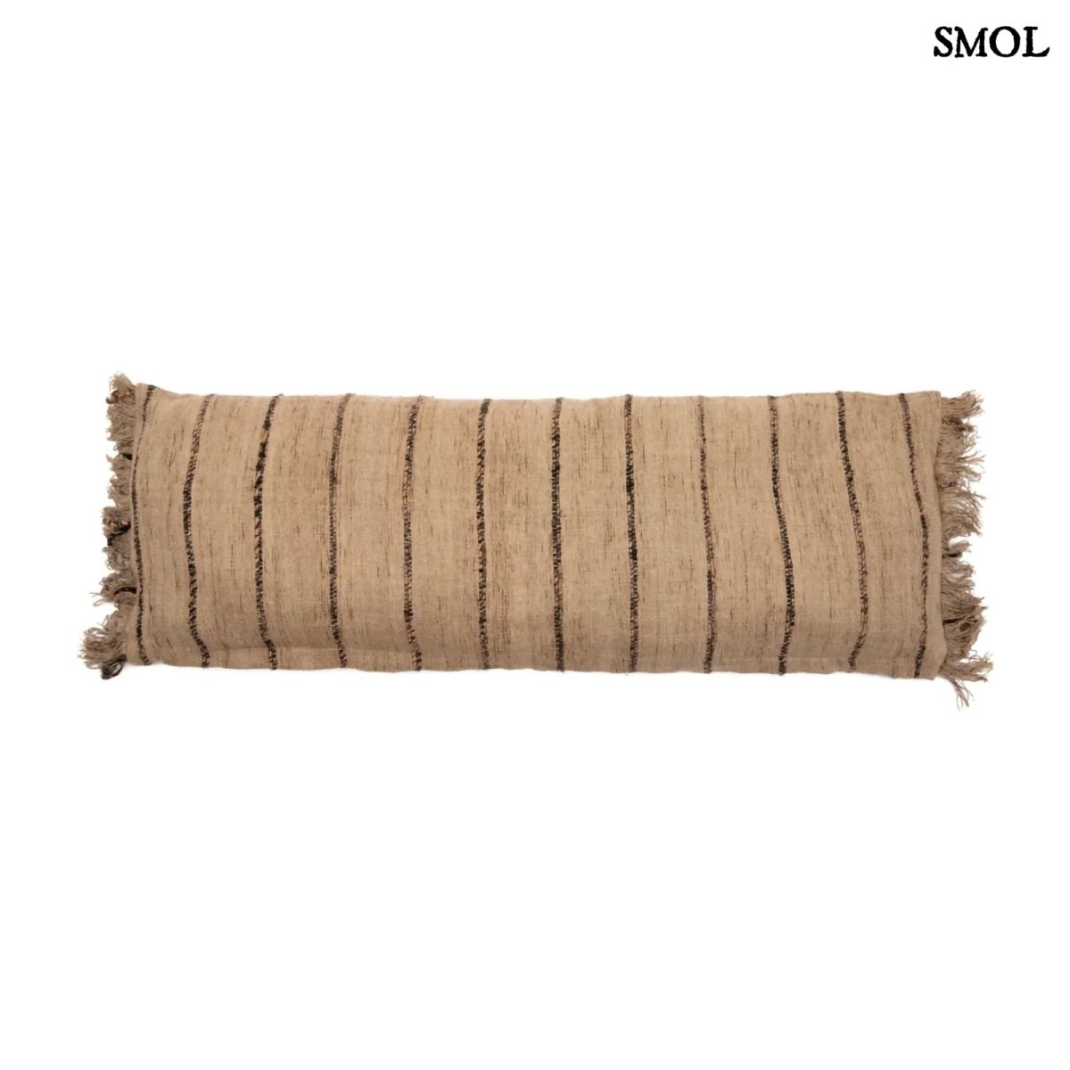 Bézs-fekete csíkos, rojtos díszpárnahuzat 100x35 cm méretben fehér háttérrel