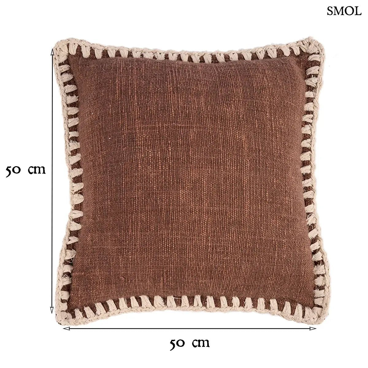 Barna pamut díszpárnahuzat fehér kézi horgolású szegéllyel, 50x50 cm-es méretben, méretekkel