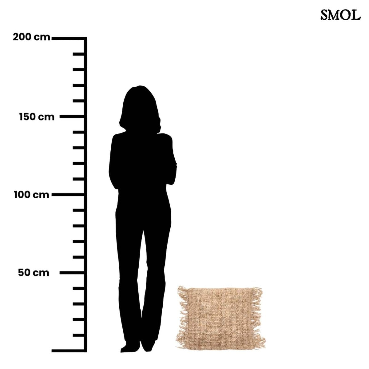 Bézs pamut díszpárnahuzat 40x40 cm méretben, bohém rojtos szegéllyel méretarányosan