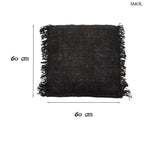 Éjfekete, rojtos szélű, rusztikus szövésű pamut díszpárnahuzat, méretekkel