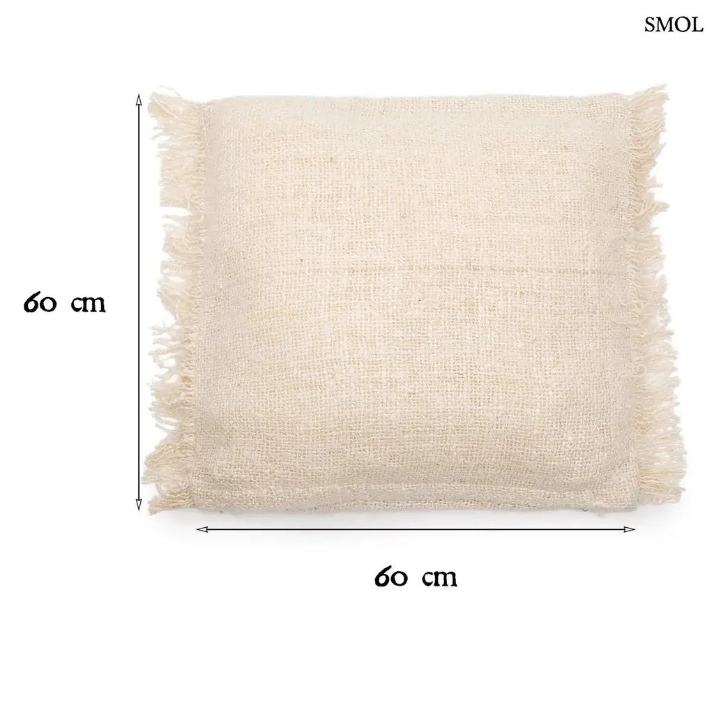 Krémszínű, kézzel szőtt pamut díszpárnahuzat rojtos szélekkel és rusztikus textúrával, méretekkel