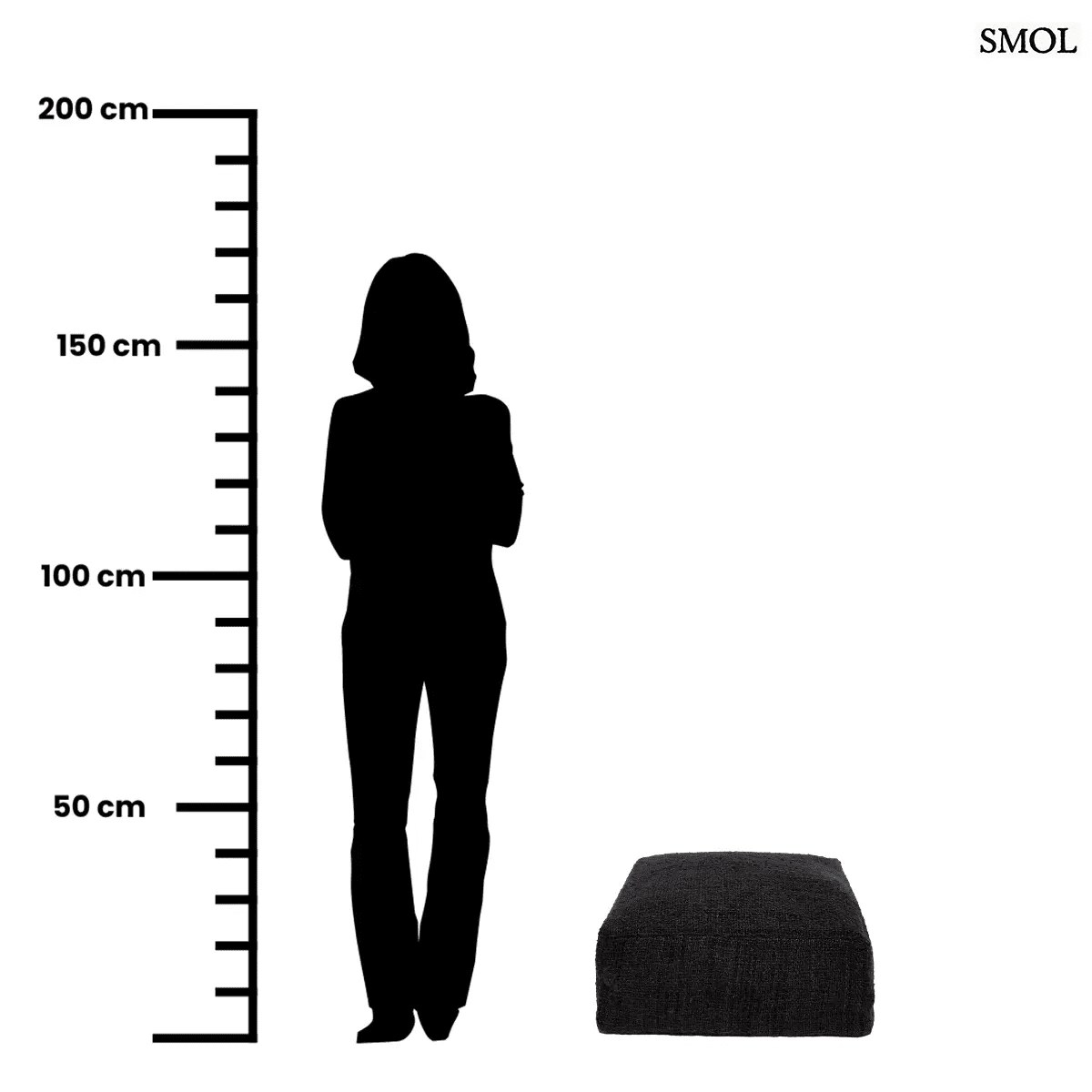 Éjfekete pamut puff 60 cm-es méretben, stabil horgolt ülőpárna és kényelmes lábtartó, méretarányosan