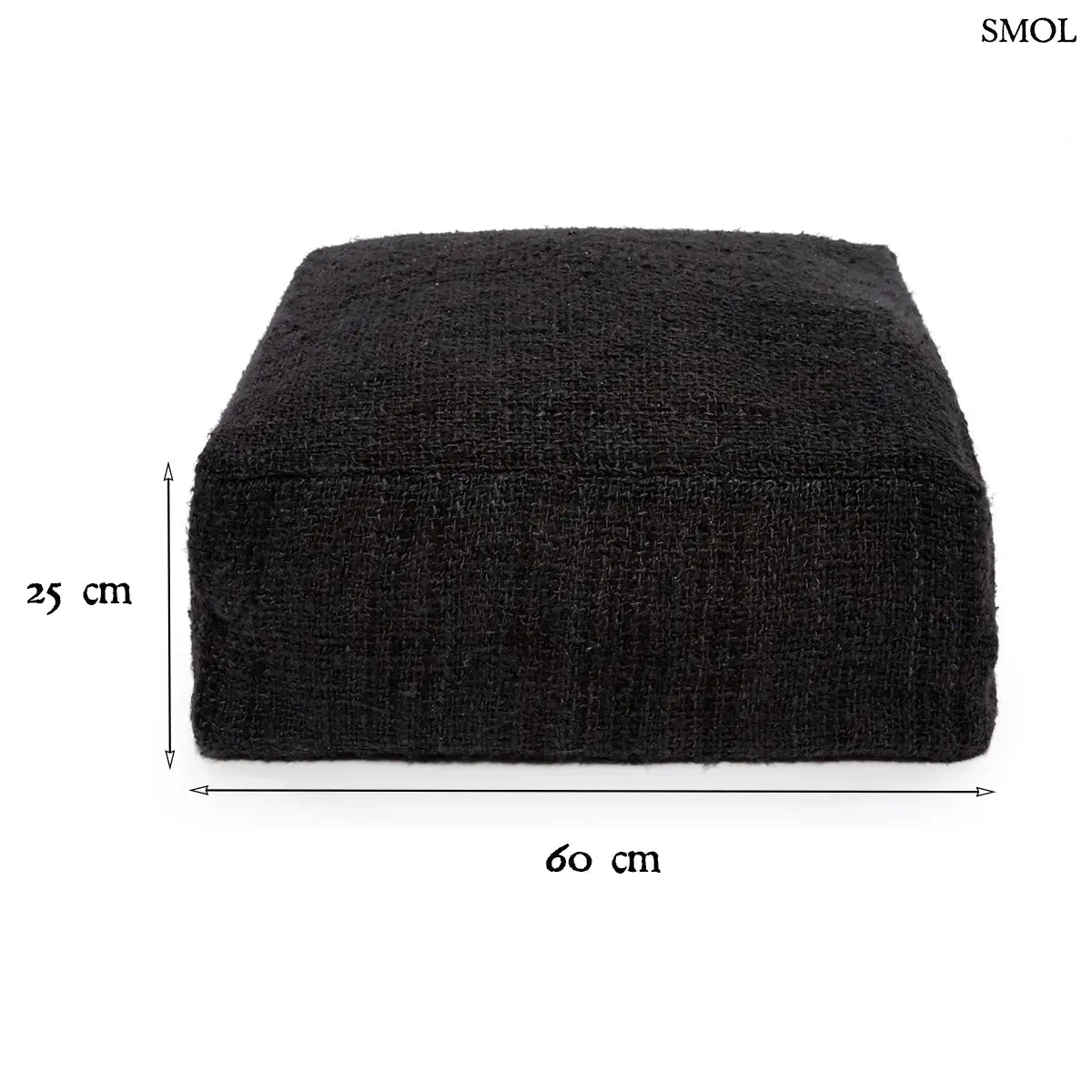 Éjfekete pamut puff 60 cm-es méretben, stabil horgolt ülőpárna és kényelmes lábtartó, méretekkel