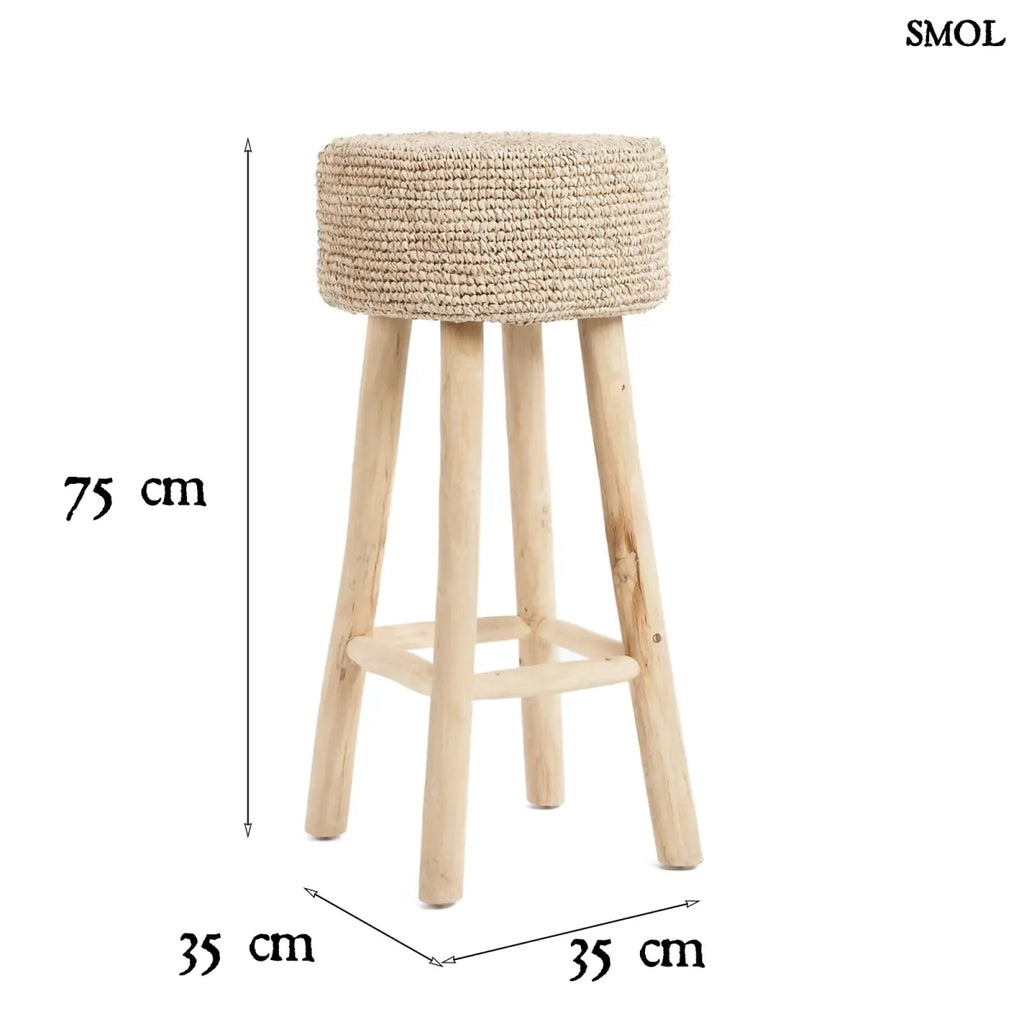 Raffia bárszék natúr színben, kézzel fonott ülőfelülettel és fa lábakkal, méretekkel