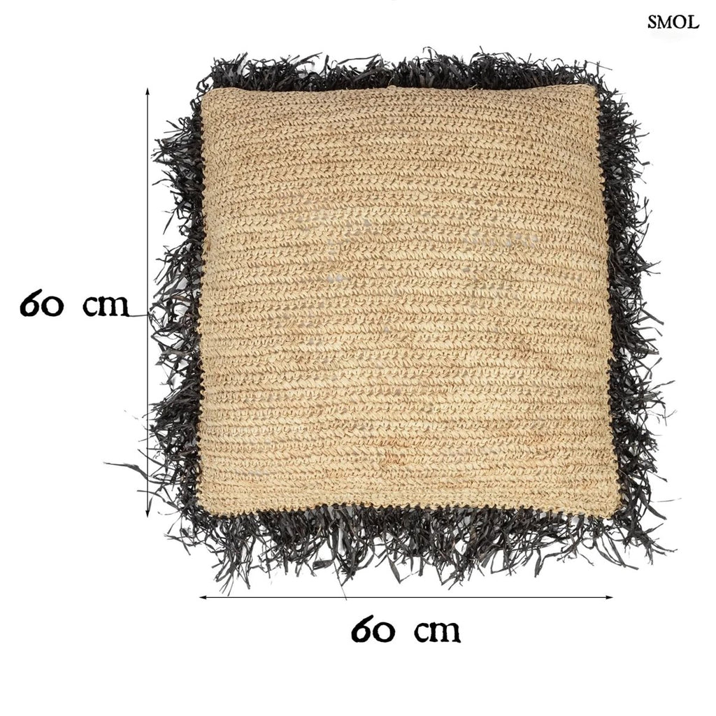 Natúr színű, kézzel szőtt raffia díszpárnahuzat boho stílusban méretekkel