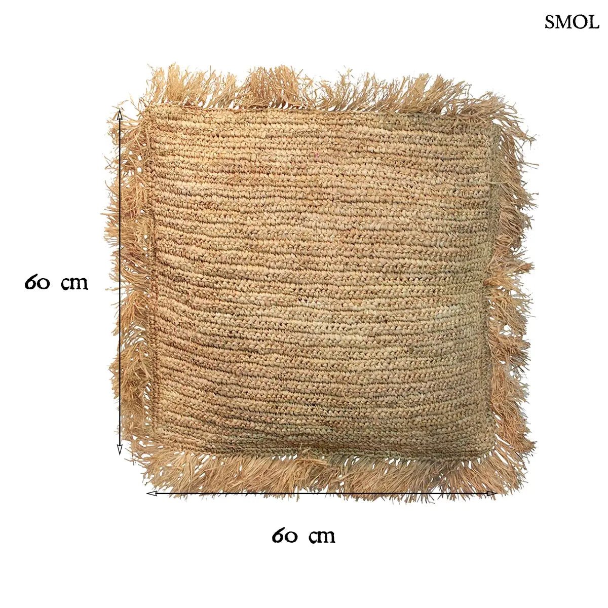 Kézzel szőtt, natúr raffia díszpárnahuzat rojtos szélekkel, 60x60 cm-es méretben, méretekkel