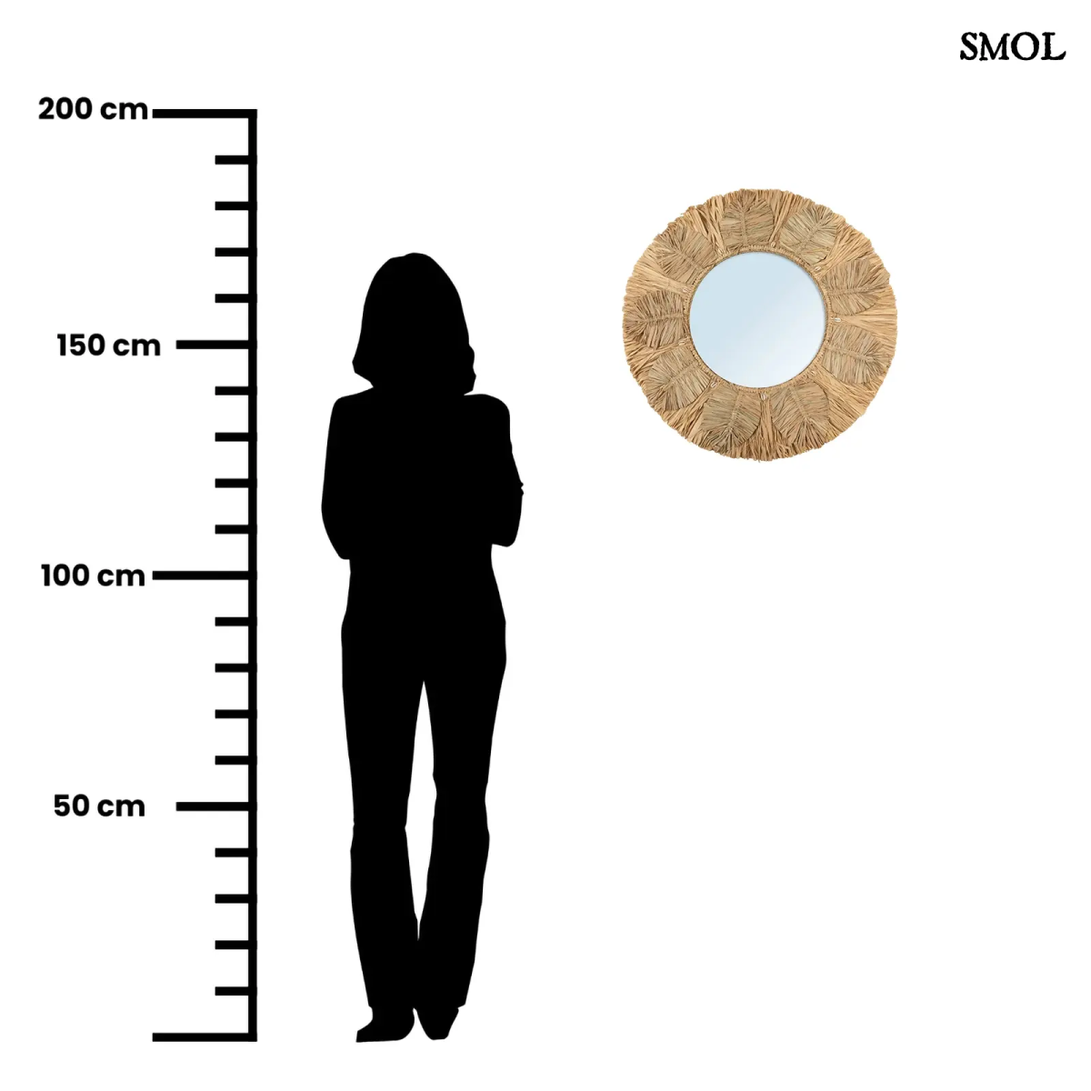 Kézzel készült boho raffia fali tükör 60 cm-es méretben, natúr színben, apró kagylókkal és levél mintával díszítve, méretarányosan