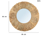 Kézzel készült boho raffia fali tükör 60 cm-es méretben, natúr színben, apró kagylókkal és levél mintával díszítve, méretekkel