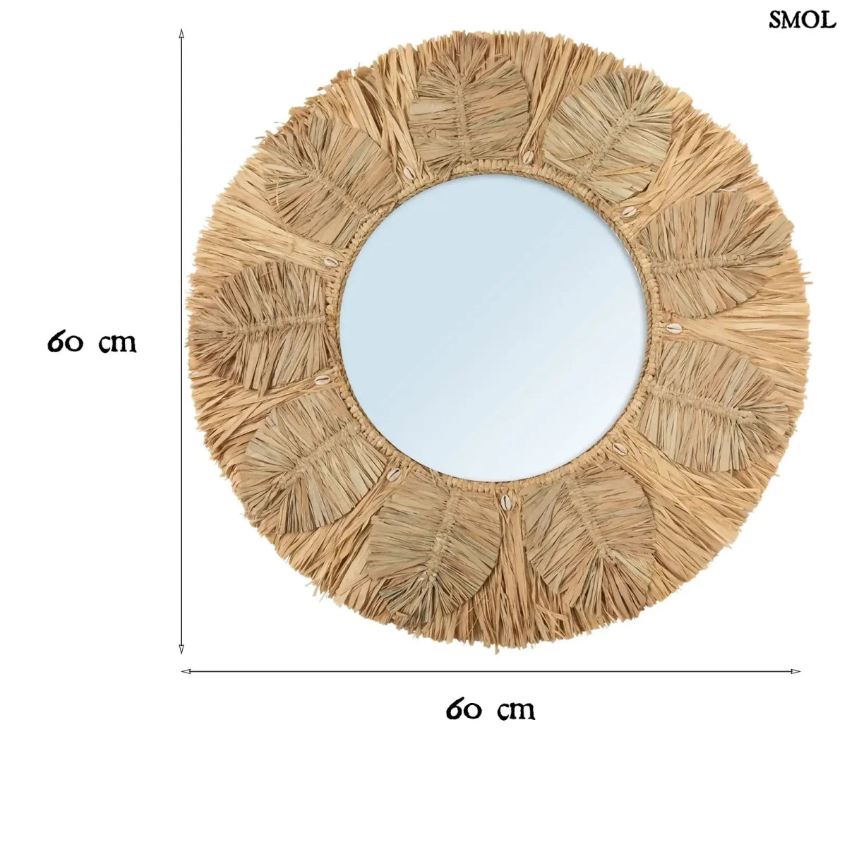 Kézzel készült boho raffia fali tükör 60 cm-es méretben, natúr színben, apró kagylókkal és levél mintával díszítve, méretekkel