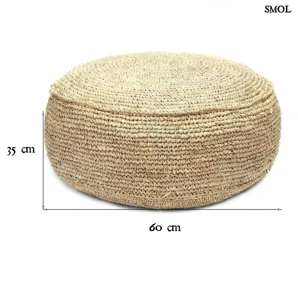 Natúr színű, kézzel font raffia puff kör alakú formával - méretekkel