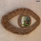 Szem alakú raffia tükör 70 cm széles kivitelben, természetes anyagból készült indonéz fali dísz, kültéren, falon