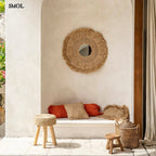 Kézzel font raffia ülőke natúr tíkfa lábakkal, párnákkal, tükörrel