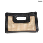 Rattan betétes bőr kézitáska fekete színben, bécsi fonattal és kézi fogantyúval, szemből