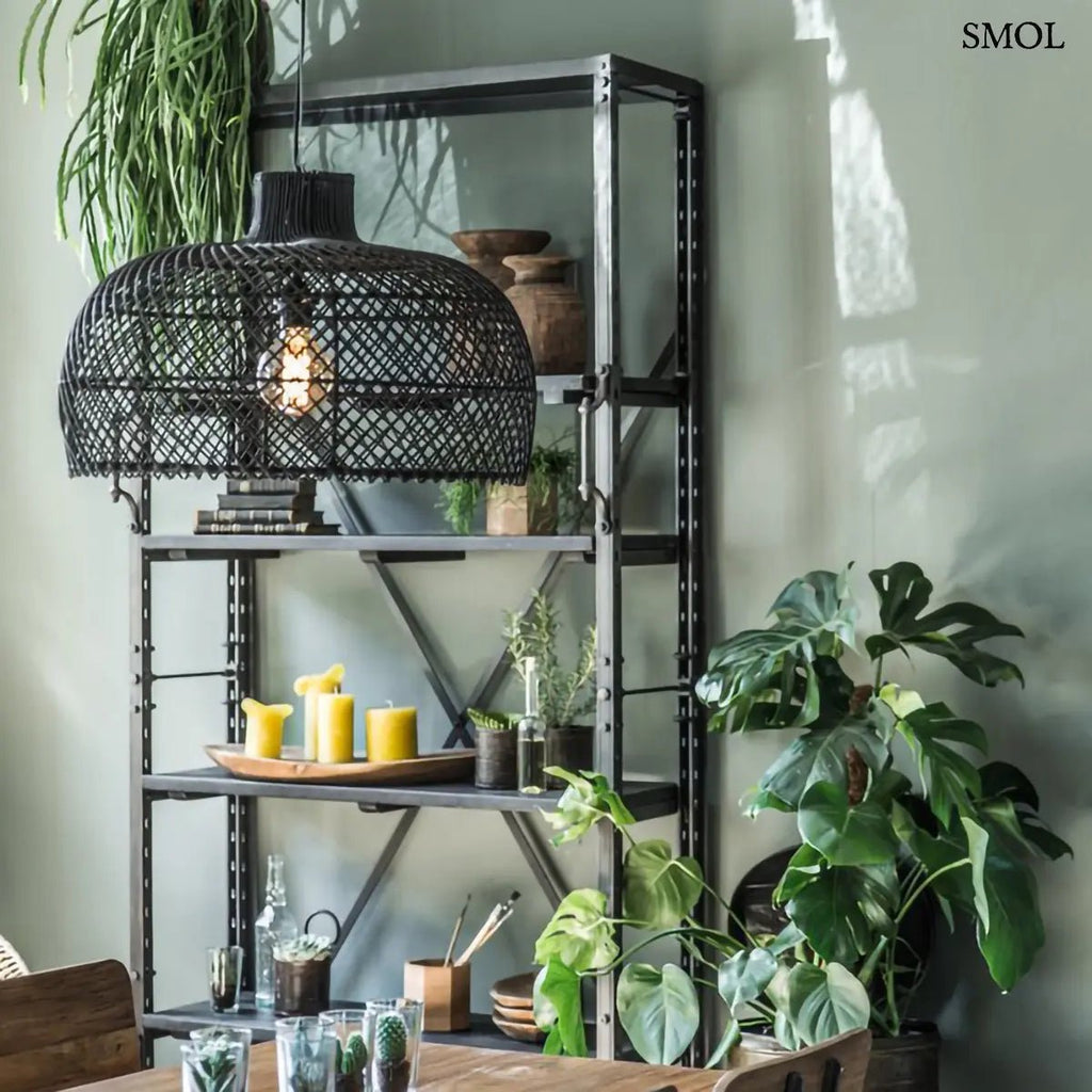 Fekete rattan függőlámpa modern, kézzel szőtt Maze búrával, ipari stílusú berendezéssel