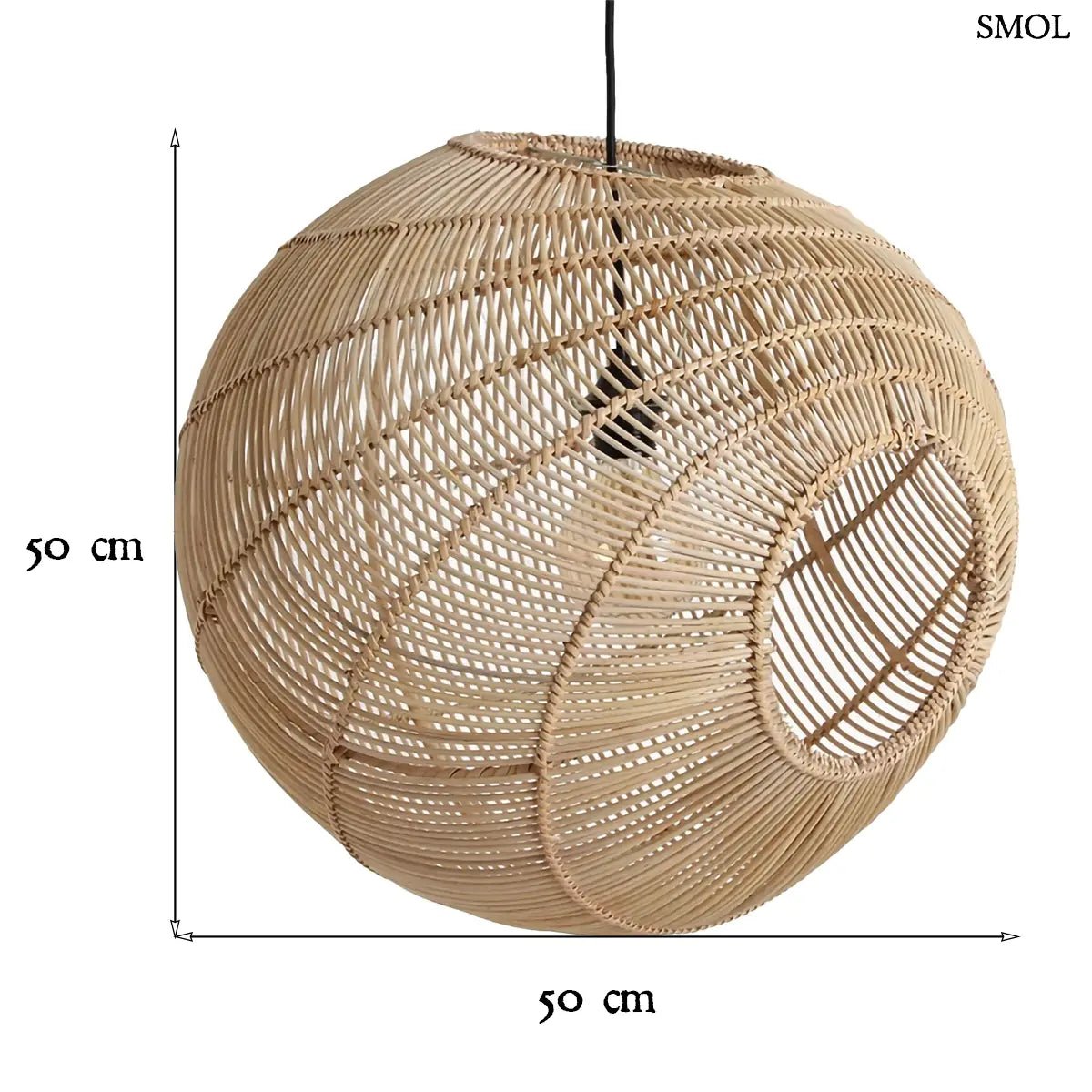Aszimmetrikus gömb alakú, kézzel font natúr rattan függőlámpa fekete kábellel, méretekkel