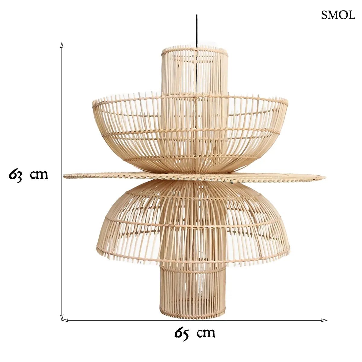 Kézzel szőtt, többszintes Saturn rattan függőlámpa natúr színben, fekete kábellel, méretekkel