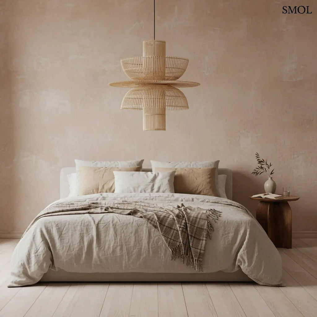 Kézzel szőtt, többszintes Saturn rattan függőlámpa natúr színben, fekete kábellel, hálószobában