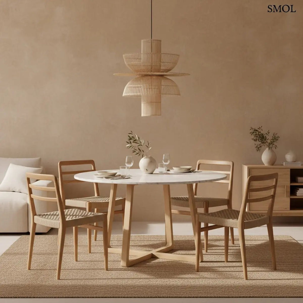 Kézzel szőtt, többszintes Saturn rattan függőlámpa natúr színben, fekete kábellel, étkezőben