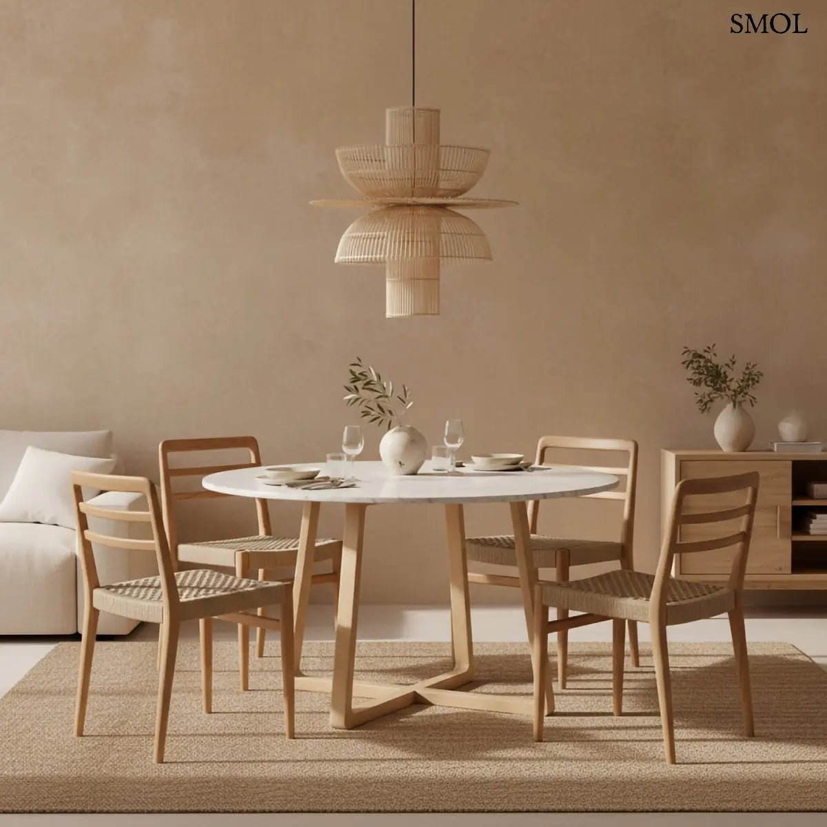 Kézzel szőtt, többszintes Saturn rattan függőlámpa natúr színben, fekete kábellel, étkezőben