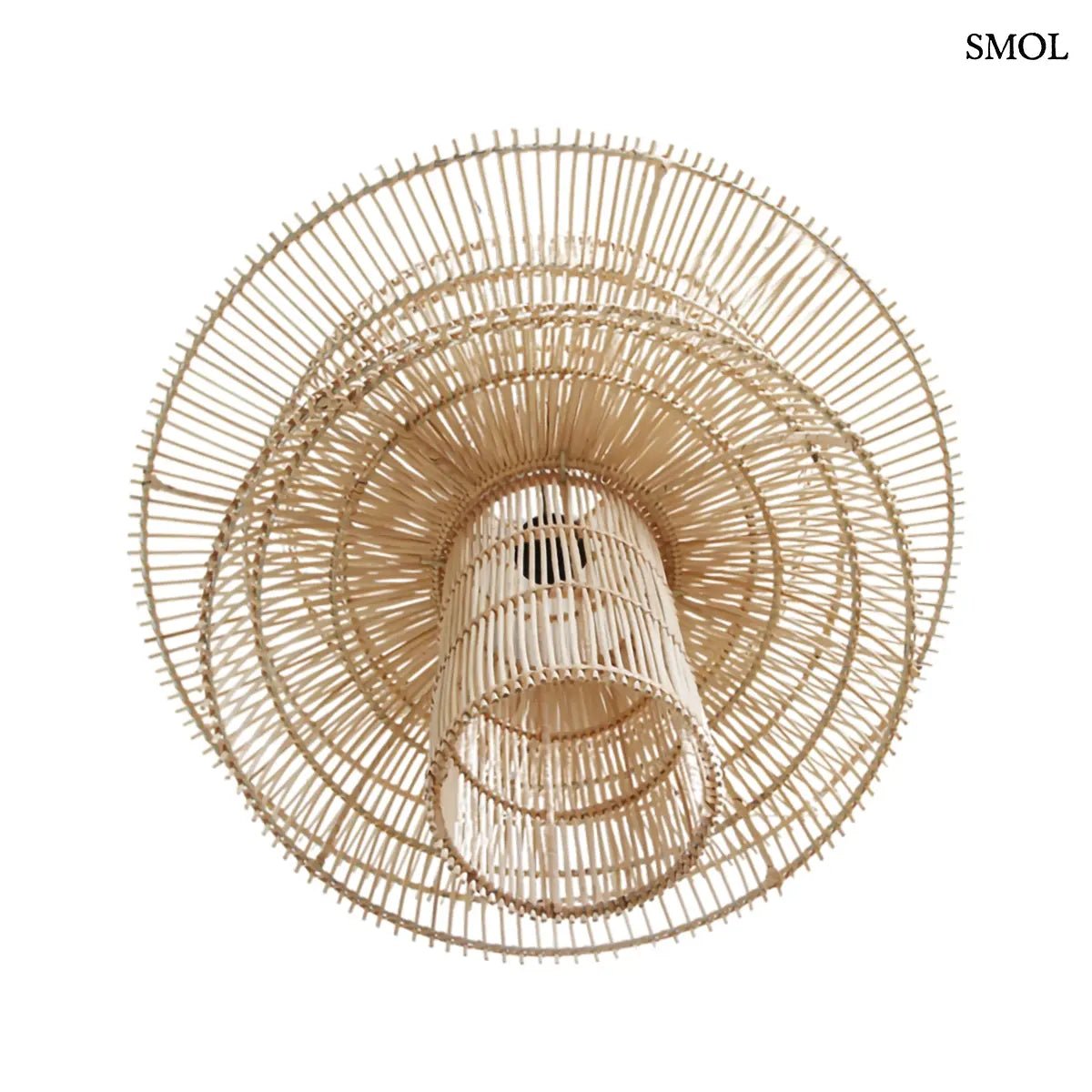 Kézzel szőtt, többszintes Saturn rattan függőlámpa natúr színben, fekete kábellel, alulról