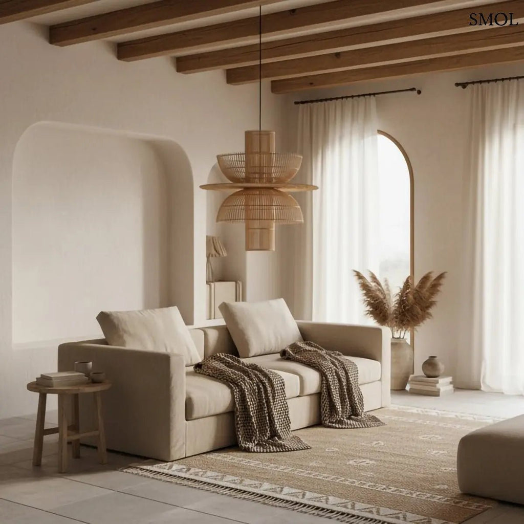 Kézzel szőtt, többszintes Saturn rattan függőlámpa natúr színben, fekete kábellel, nappaliban