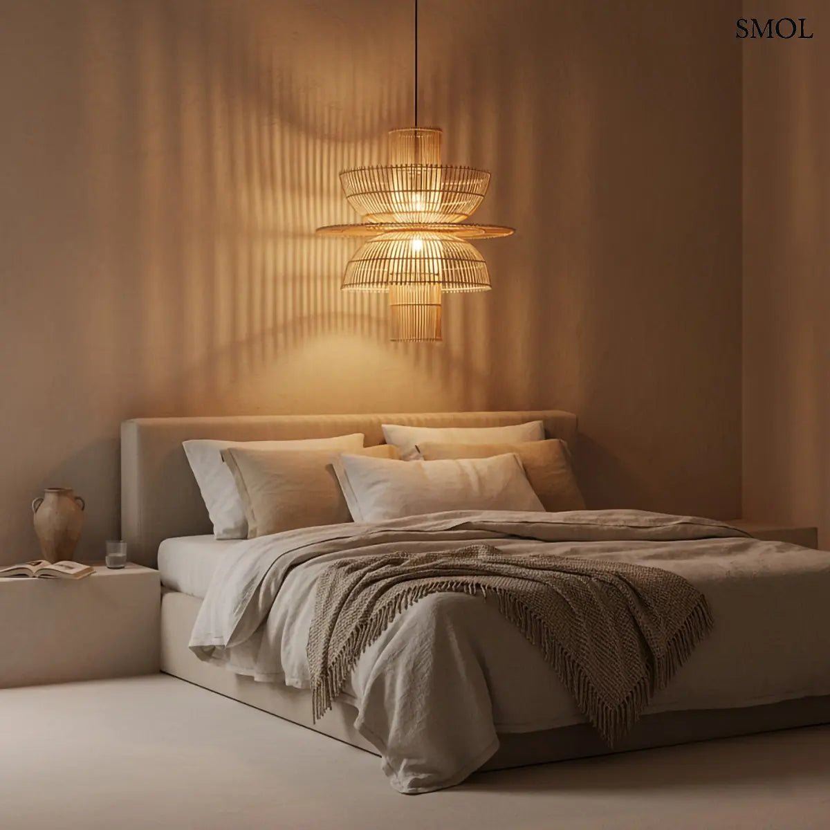 Kézzel szőtt, többszintes Saturn rattan függőlámpa natúr színben, fekete kábellel, hálószobában, világító égővel